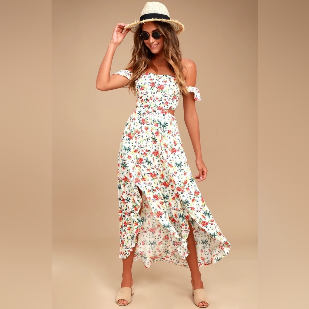 Lush Easy on the Eyes Cream Floral Print Off-the-Shoulder Maxi Dress